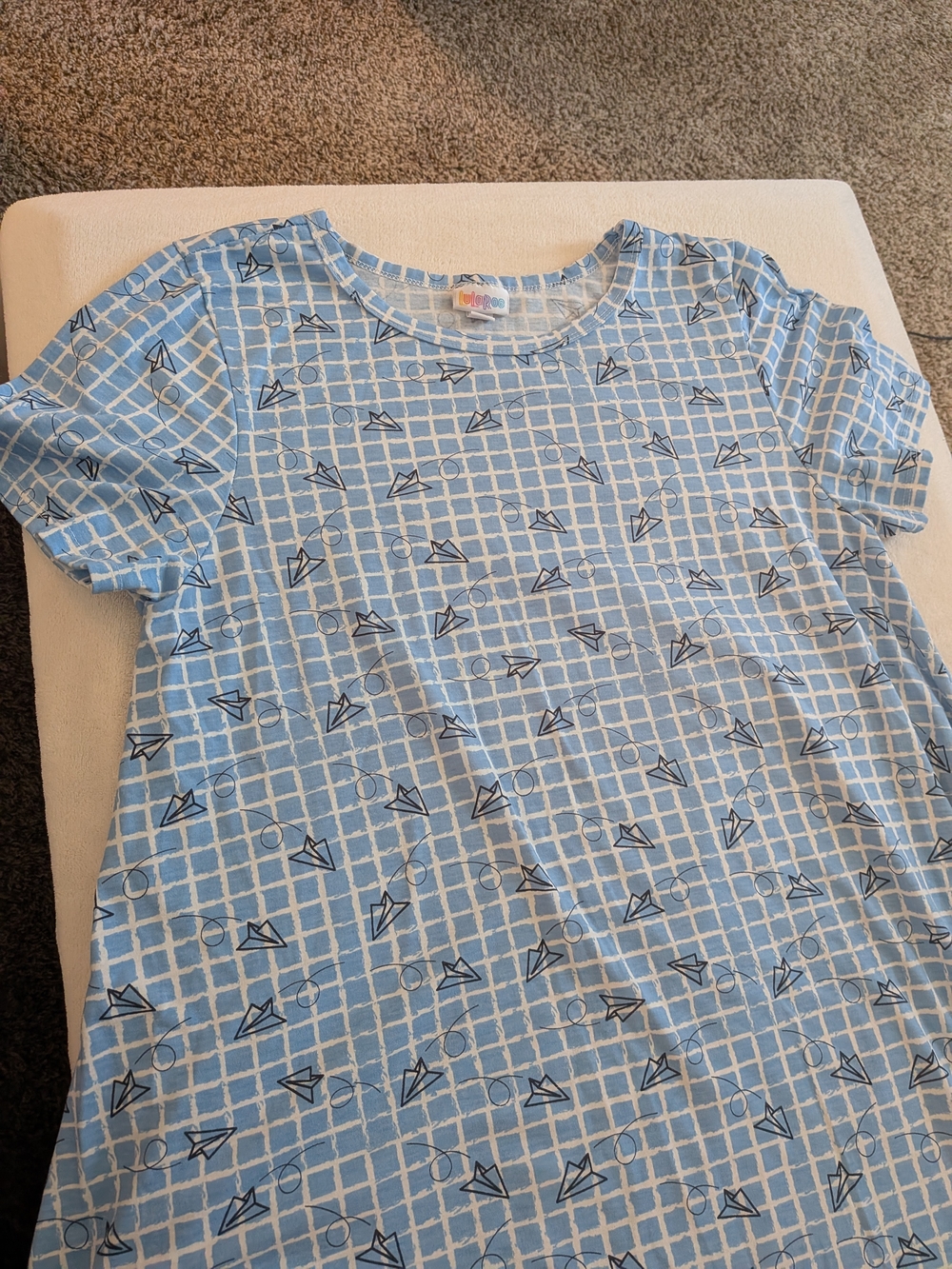 LuLaRoe Light Blue and White High Low Dress with Paper Airplane Print